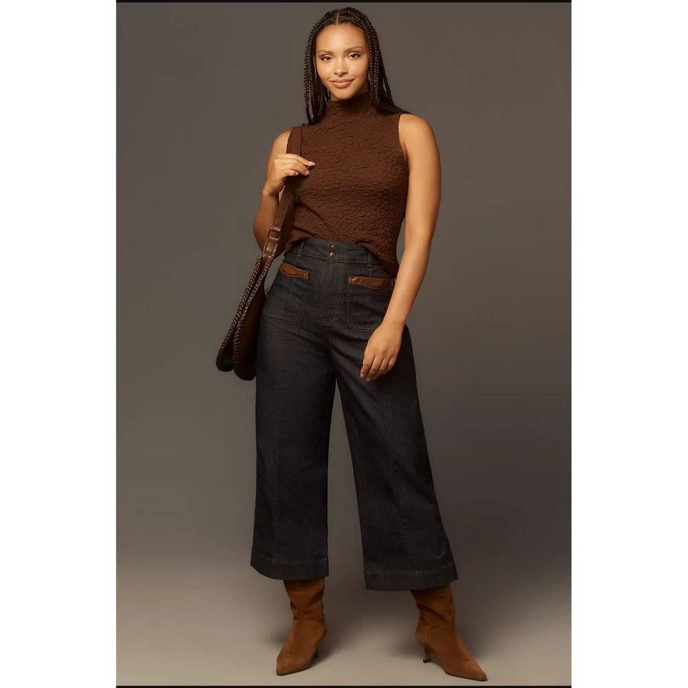 New Maeve Colette Jeans 24 High Rise Wide Leg Faux Leather Trim Cropped Retro